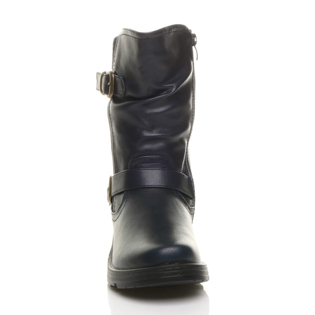 Front view of Navy PU Low Wedge Heel Biker Knitted Collar Comfort Calf Boots