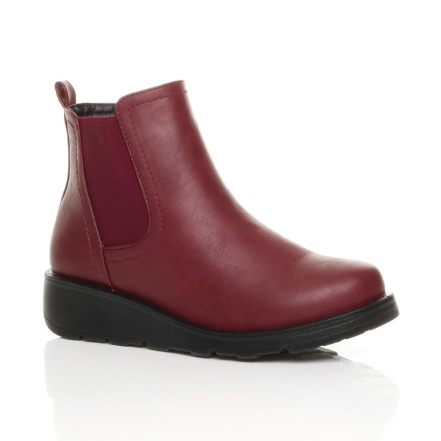 Front right side view of Burgundy PU Low Wedge Heel Chelsea Comfort Ankle Boots
