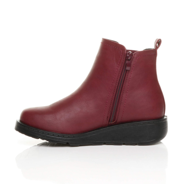 Left side view of Burgundy PU Low Wedge Heel Chelsea Comfort Ankle Boots