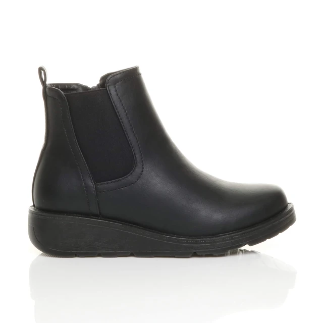 Right side view of Black PU Low Wedge Heel Chelsea Comfort Ankle Boots