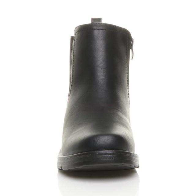 Front view of Black PU Low Wedge Heel Chelsea Comfort Ankle Boots
