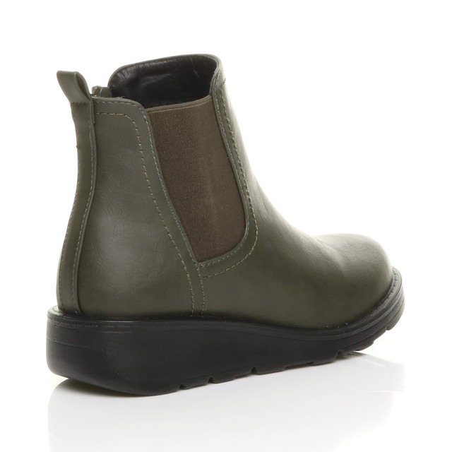 Back right side view of Khaki PU Low Wedge Heel Chelsea Comfort Ankle Boots