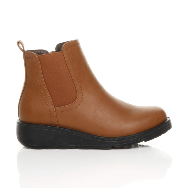 Right side view of Tan PU Low Wedge Heel Chelsea Comfort Ankle Boots
