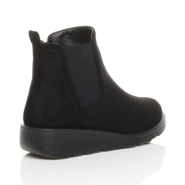 Back right side view of Black Suede Low Wedge Heel Chelsea Comfort Ankle Boots