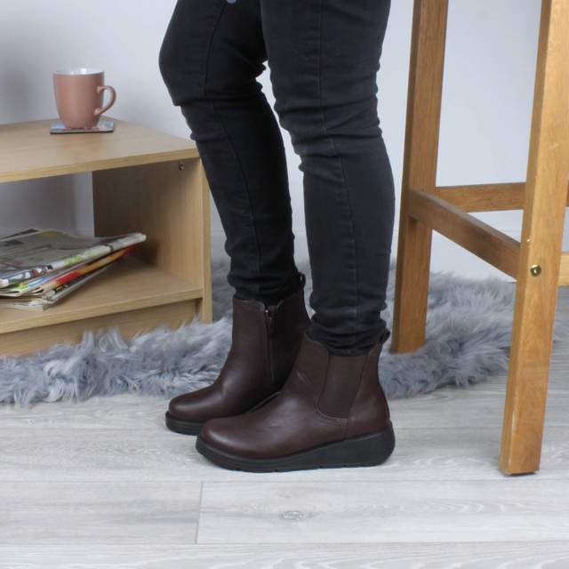 Model wearing Brown PU Low Wedge Heel Chelsea Comfort Ankle Boots