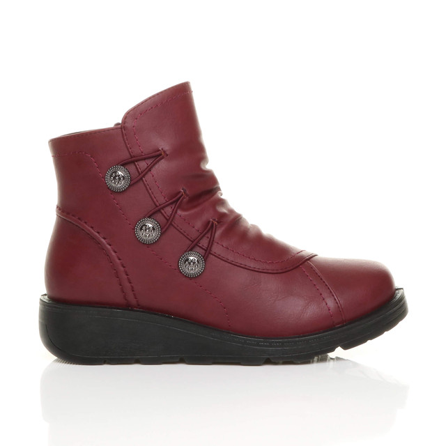 Right side view of Burgundy PU Low Wedge Heel Button Comfort Ankle Boots