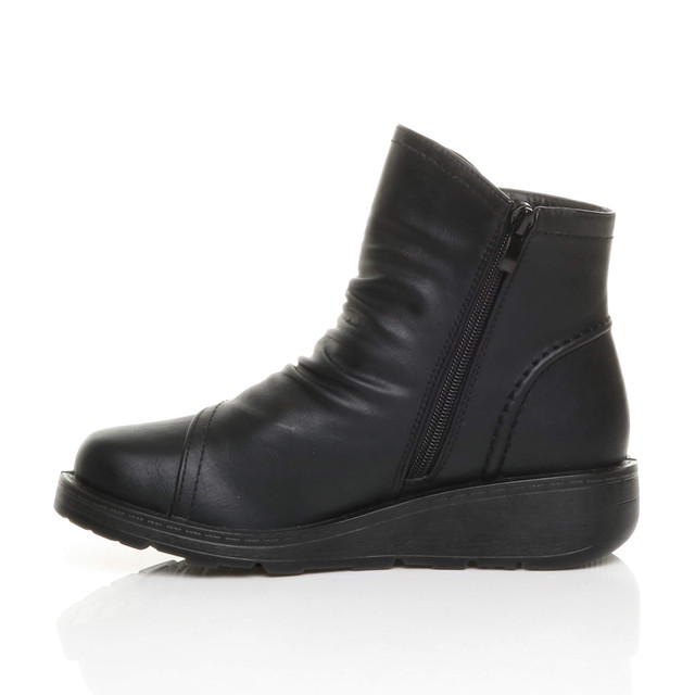 Left side view of Black PU Low Wedge Heel Button Comfort Ankle Boots