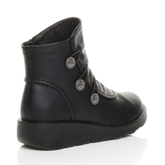 Back right side view of Black PU Low Wedge Heel Button Comfort Ankle Boots