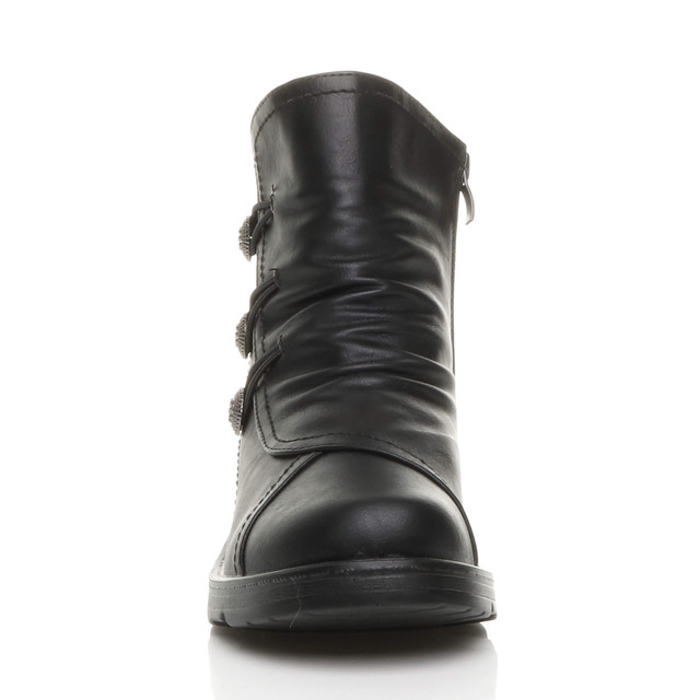 Front view of Black PU Low Wedge Heel Button Comfort Ankle Boots