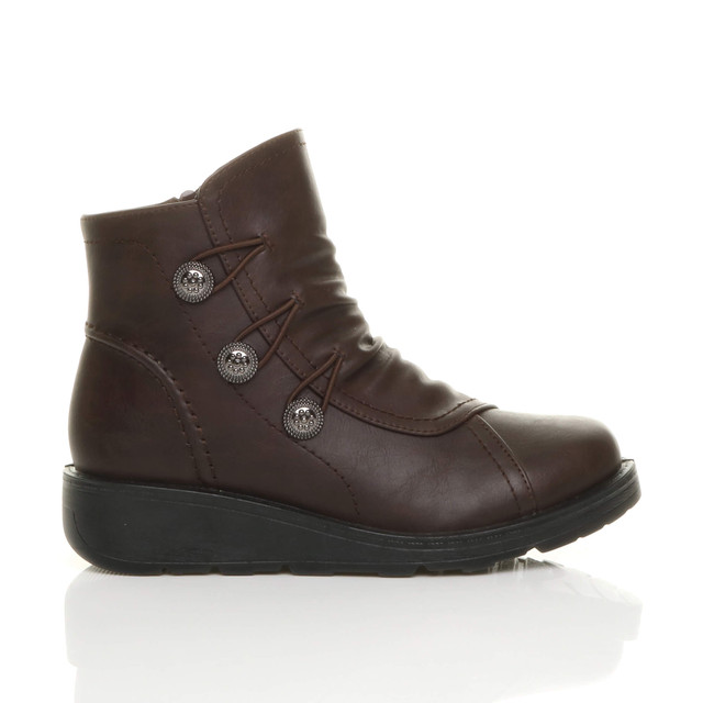 Right side view of Brown PU Low Wedge Heel Button Comfort Ankle Boots