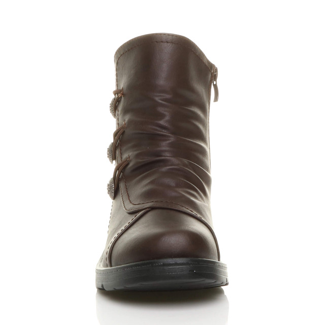 Front view of Brown PU Low Wedge Heel Button Comfort Ankle Boots