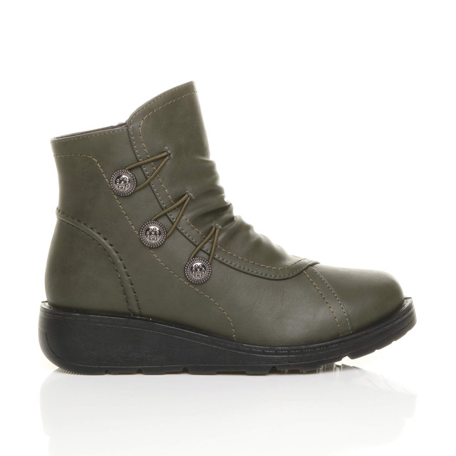 Right side view of Khaki PU Low Wedge Heel Button Comfort Ankle Boots