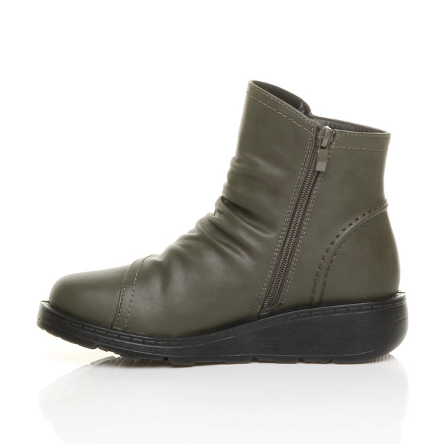 Left side view of Khaki PU Low Wedge Heel Button Comfort Ankle Boots