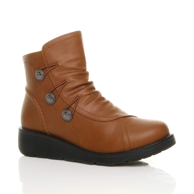Front right side view of Tan PU Low Wedge Heel Button Comfort Ankle Boots
