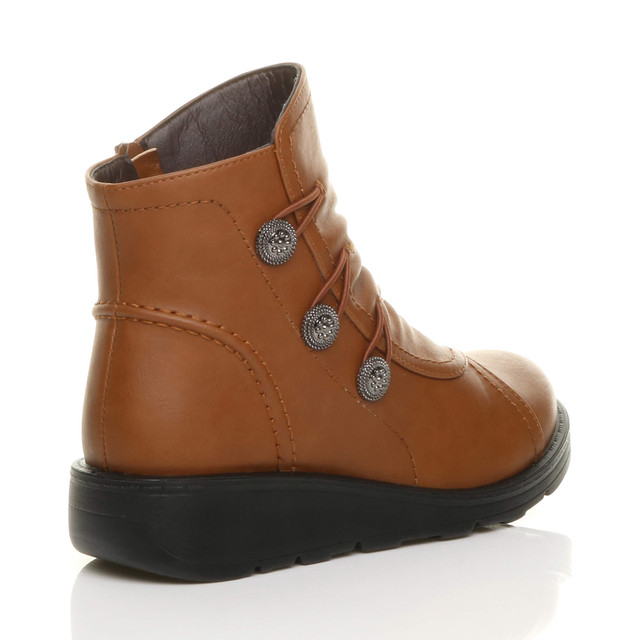Back right side view of Tan PU Low Wedge Heel Button Comfort Ankle Boots