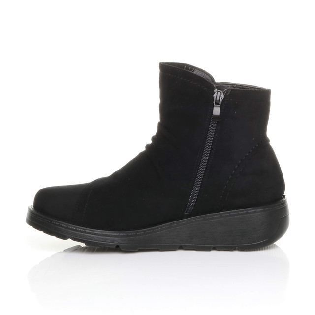 Left side view of Black Suede Low Wedge Heel Button Comfort Ankle Boots