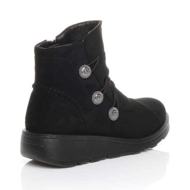 Back right side view of Black Suede Low Wedge Heel Button Comfort Ankle Boots
