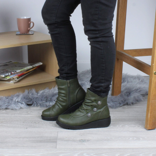 Model wearing Khaki PU Low Wedge Heel Button Comfort Ankle Boots