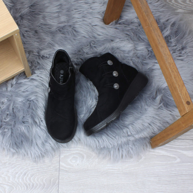 Black Suede Low Wedge Heel Button Comfort Ankle Boots