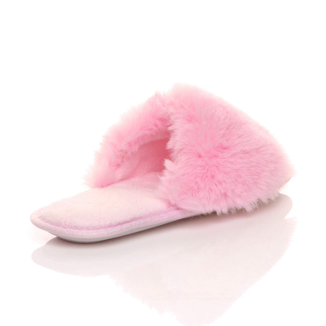 Back right side view of Pink Fur Fluffy Washable Peep Toe Slippers Slides 