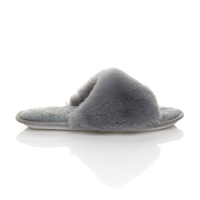 Right side view of Grey Fur Fluffy Washable Peep Toe Slippers Slides 