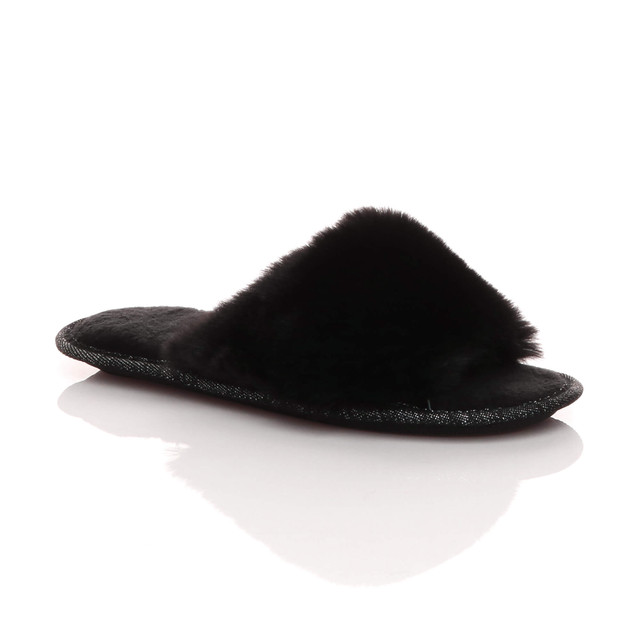Front right side view of Black Fur Fluffy Washable Peep Toe Slippers Slides 