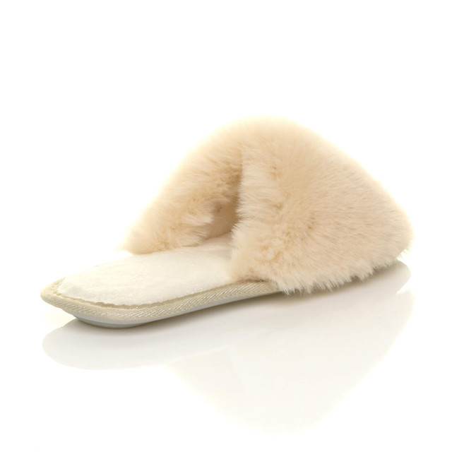 Back right side view of Beige Fur Fluffy Washable Peep Toe Slippers Slides 