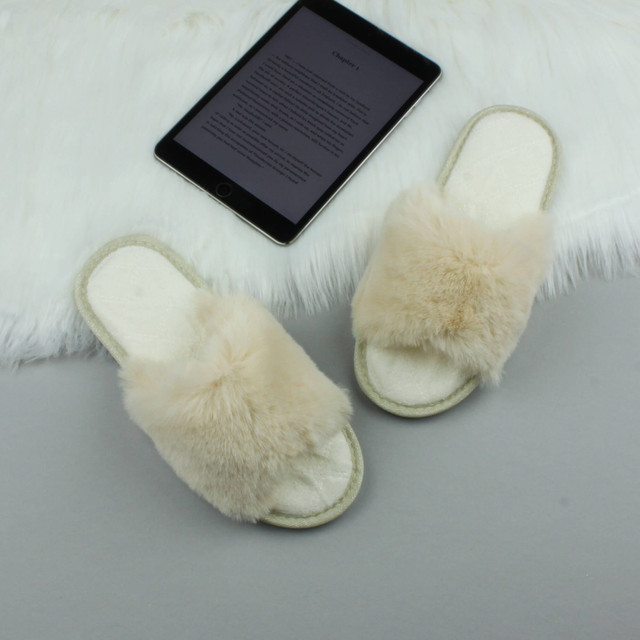 Womens Fluffy Washable Peep Toe Slippers Slides
