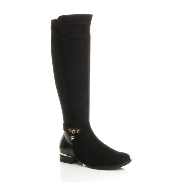 Front right side view of Black Suede Flat Low Heel Knee High Stretch Elastic Croc Riding Boots