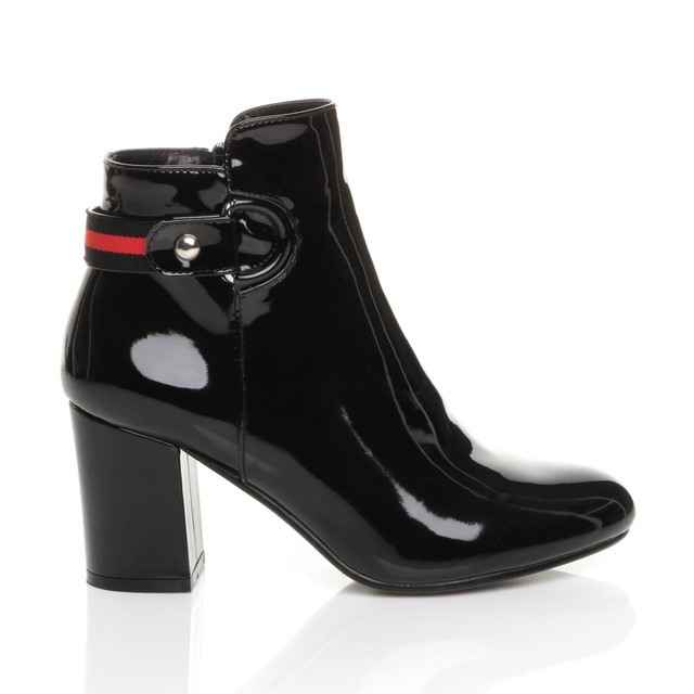 Right side view of Black Patent Mid High Block Heel Smart Zip Ankle Boots