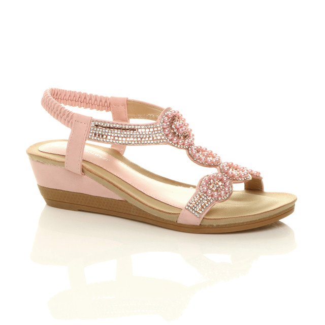 Front right side view of Pink PU Mid Wedge Heel Diamante Beaded T-Bar Slingback Sandals