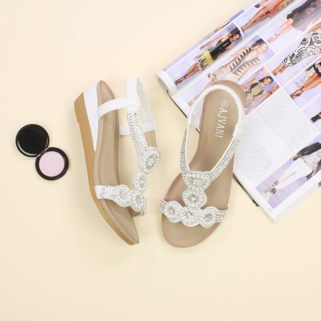 White PU Mid Wedge Heel Diamante Beaded T-Bar Slingback Sandals