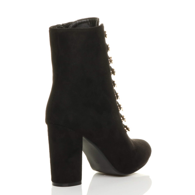 Back right side view of Black Suede High Block Heel Gold Button Military Ankle Boots
