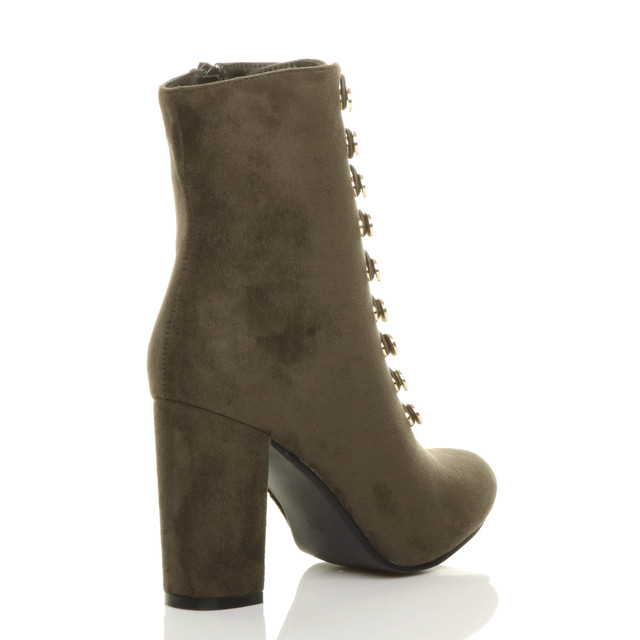 Back right side view of Khaki Suede High Block Heel Gold Button Military Ankle Boots