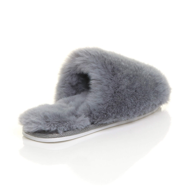 Back right side view of Grey Fur Flat Winter Fluffy Fur Lined Slip On Slippers Mules