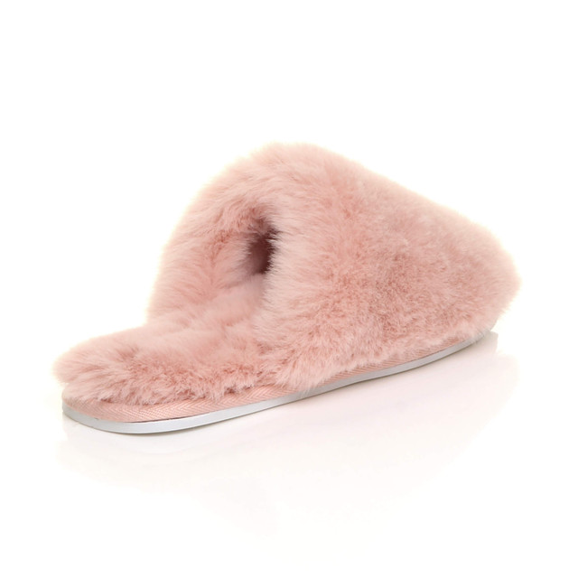 Back right side view of Peach Pink Fur Flat Winter Fluffy Fur Lined Slip On Slippers Mules