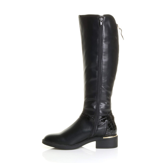 Left side view of Black PU Low Block Heel Buckle Gold Zip Stretch Calf Riding Boots