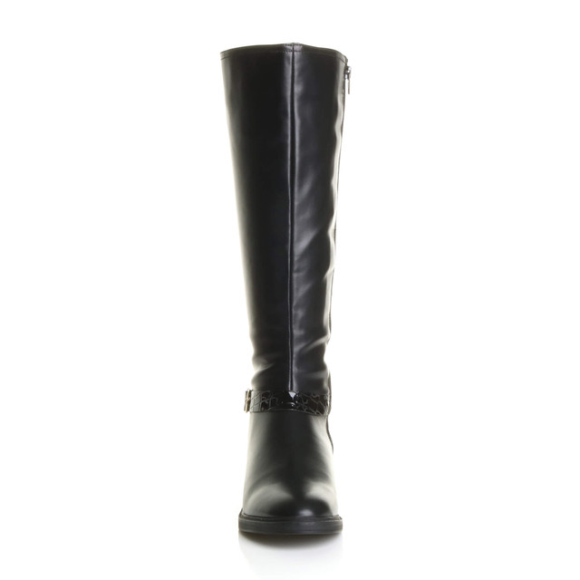 Front view of Black PU Low Block Heel Buckle Gold Zip Stretch Calf Riding Boots