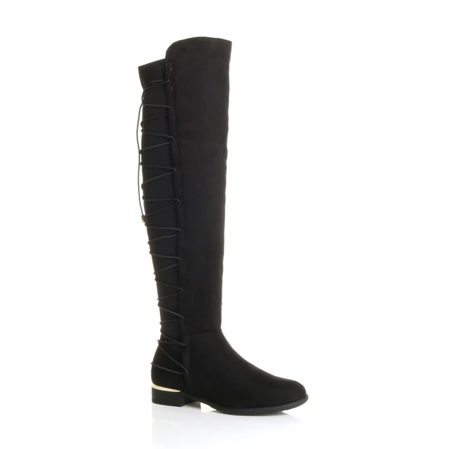 Front right side view of Black Suede Low Heel Lace Up Back Stretch Riding Boots