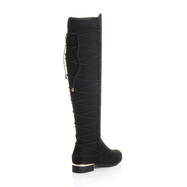 Back right side view of Black Suede Low Heel Lace Up Back Stretch Riding Boots