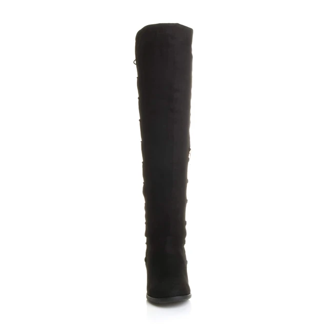 Front view of Black Suede Low Heel Lace Up Back Stretch Riding Boots
