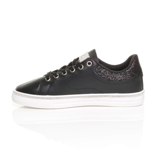 Left side view of Black PU Flat Lace Up Diamante Low Top Trainers 