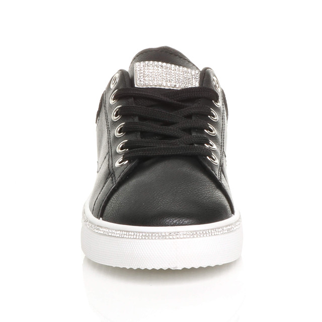 Front view of Black PU Flat Lace Up Diamante Low Top Trainers 