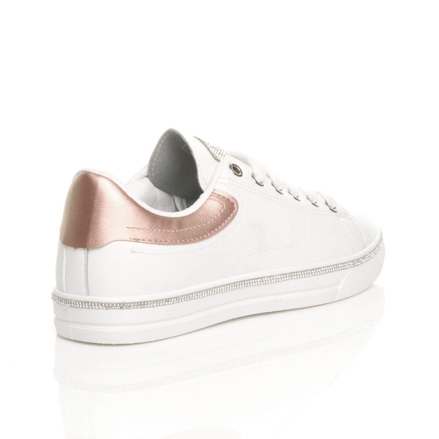 Back right side view of White PU Flat Lace Up Diamante Low Top Trainers 