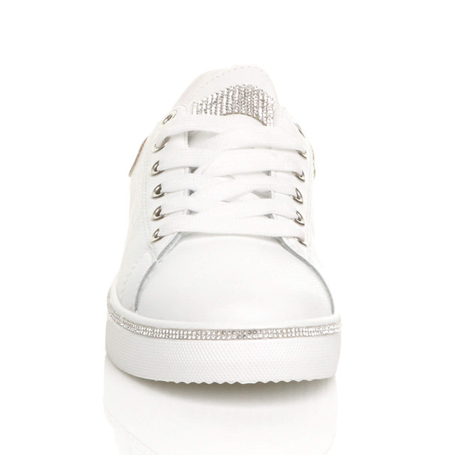 Front view of White PU Flat Lace Up Diamante Low Top Trainers 
