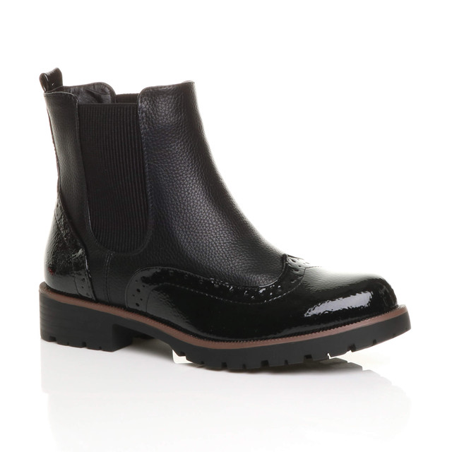 Front right side view of Black PU Low Block Heel Pull On Chunky Brogue Chelsea Ankle Boots