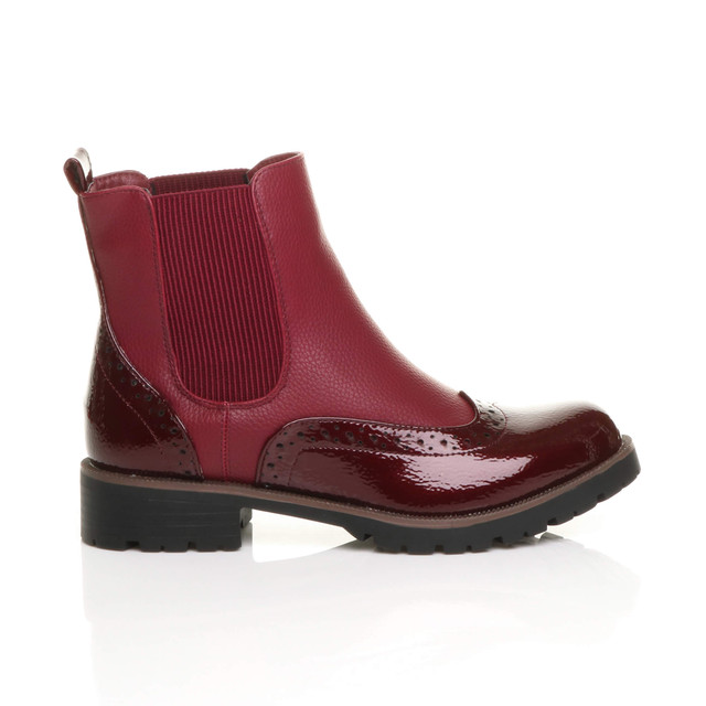 Right side view of Burgundy PU Low Block Heel Pull On Chunky Brogue Chelsea Ankle Boots