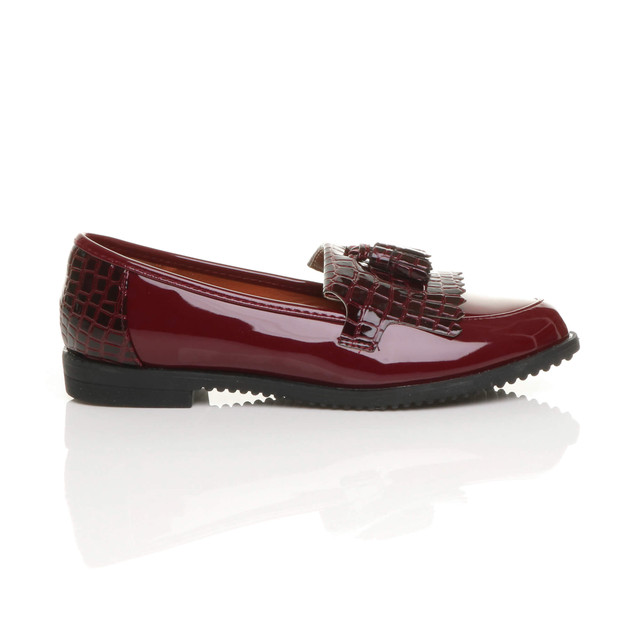 Right side view of Burgundy Patent Flat Low Heel Croc Tassel Fringe Slip On Loafers Shoes 