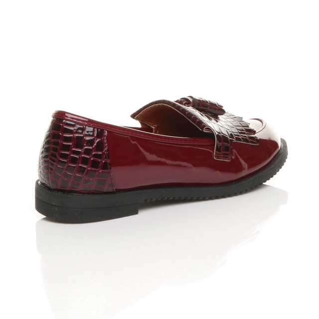 Back right side view of Burgundy Patent Flat Low Heel Croc Tassel Fringe Slip On Loafers Shoes 