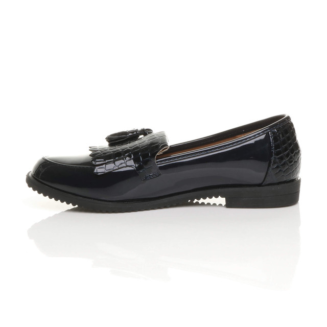 Left side view of Navy Patent Flat Low Heel Croc Tassel Fringe Slip On Loafers Shoes 
